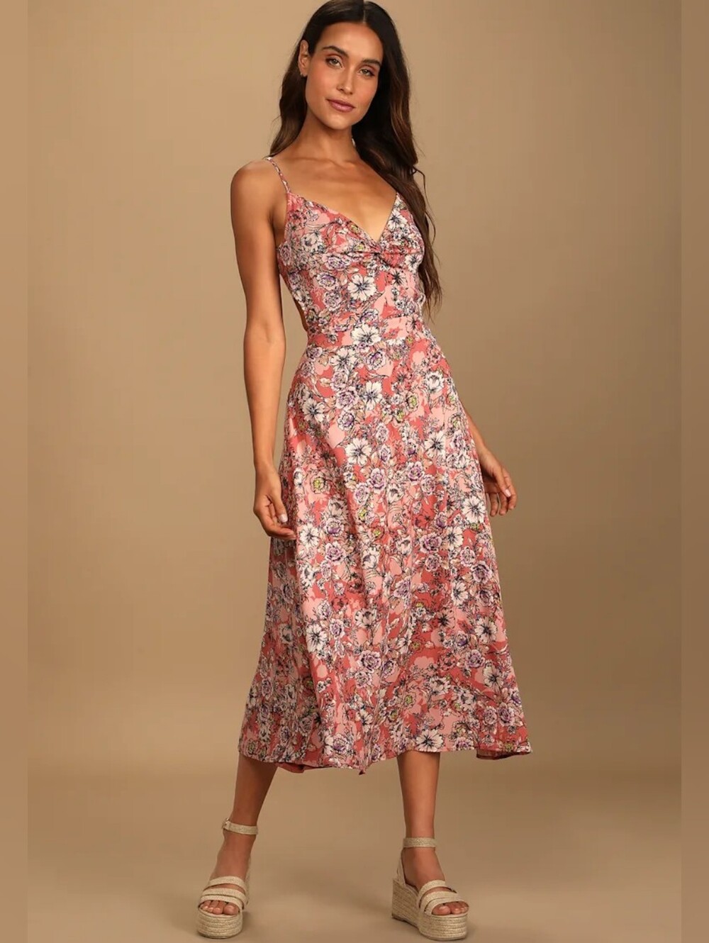 Lulus Ties Pink Floral Print Tie-Back Midi Dress Size S - Picture 2 of 7